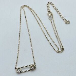 STERLING Silver Cable Link Chain w Sparkly Cubic Zirconia Safety Pin Pendant 18”